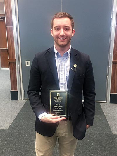 Luke McConnell was notified that he was one of ten Sigma Nu seniors nationwide to receive the Alpha Alumni Chapter Affiliate Award
